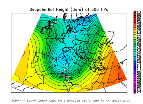 Pressione in quota a 5500 m circa prevista per le 18 UTC di oggi 21 novembre 2025. Elaborazione ARPA Piemonte su dati ECMWF