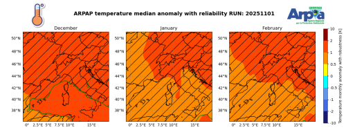 Figura 2. Mappe di anomalia di temperatura media mensile a 2 metri, prevista per i prossimi mesi (mappe ARPA Piemonte). 
