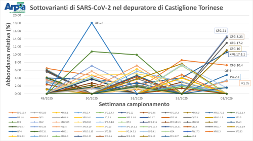 Sottovarianti di Omicron e loro abbondanza relativa per il depuratore di Castiglione Torinese a dicembre 2025