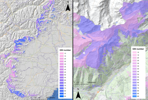 Mappa regionale degli affioramenti rocciosi classificati in base al valore medio di GSI stimato: a scala regionale (a sinistra), zoom di dettaglio (a destra)
