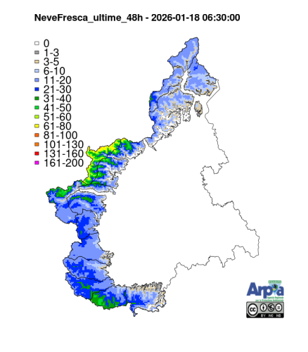 Mappa della neve fresca cumulata nelle ultime 48 ore. Valori interpolati a partire dai dati puntuali registrati dalla rete di monitoraggio di Arpa Piemonte