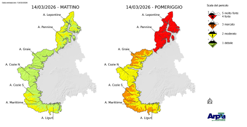 Mappa grado di pericolo valanghe per sabato 14 marzo 2026