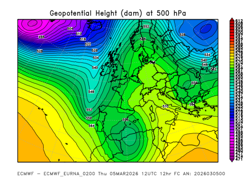 Mappa di geopotenziale a 500hPa per le 12 UTC del 05 marzo 2026 prevista dal modello IFS di ECMWF (European Centre for Medium Range Weather Forecast) 