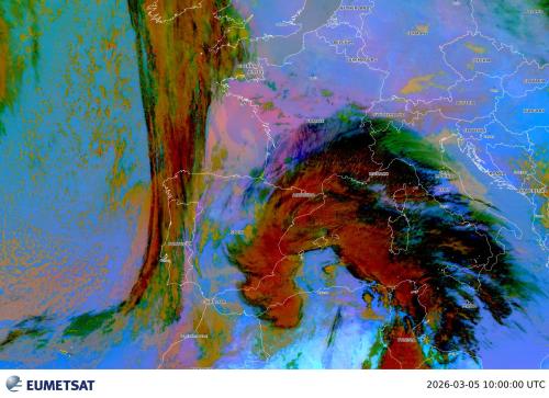 Immagine satellitare EUMETSAT (composite RGB basato sui dati dei canali infrarossi del satellite Meteosat Second Generation) per il 05 marzo alle ore 10 UTC: le zone in rosa/violetto corrispondono alla polvere sahariana 