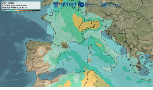 Previsione di concentrazione al suolo di dust (componente del PM10 dovuta esclusivamente alla polvere desertica) prevista dal multimodel ensemble del WMO Barcelona Dust Regional Center per il 6 marzo alle ore 12 UTC