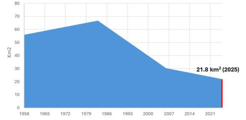 Superficie glacializzata del Piemonte. Il dato 2025 è il minore registrato dall’inizio della serie storica (1958)