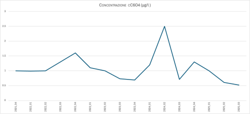 ANDAMENTO DELLE CONCENTRAZIONI DI CC6O4 NEL PIEZOMETRO PZES4 (2023–2025)