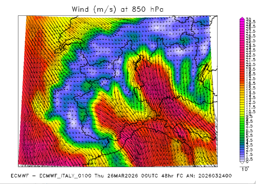 Vento a 1500 m previsto dal modello ECMWF per la notte tra mercoledì e giovedì