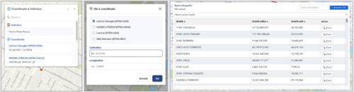 Le nuove funzionalità presenti nella "Mappa": Indirizzo e coordinate, Posizionati alle coordinate e Tabella dati