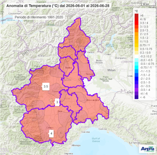 Anomalie delle temperature medie giornaliere nel mese di giugno 2026 fino al 28/06/2026
