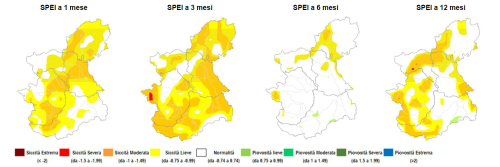 Indice di anomalia di pioggia ed evapotraspirazione SPEI a 1 mese, 3, 6 e 12 mesi sulla regione Piemonte