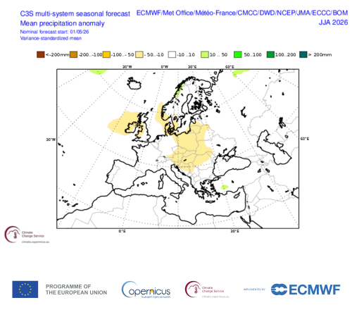 Mappe di anomalia di precipitazione prevista per i mesi estivi – elaborazioni C3S