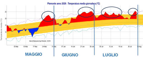 Temperature medie giornaliere in Piemonte nei mesi tra maggio e luglio 2026: in rosso le giornate con temperature sopra la media, in blu i valori sotto la media; in giallo è evidenziata l’area della variabilità media giornaliera