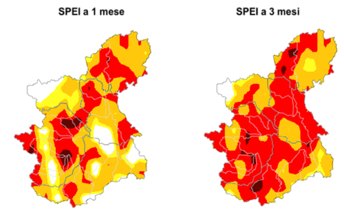 Indice SPEI (anomalia di pioggia ed evapotraspirazione standardizzata) a 1 mese e 3 mesi