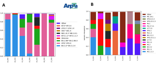 Figura 4. Sottovarianti di Omicron e la loro abbondanza relativa per il depuratore di Castiglione Torinese a maggio-giugno 2026. A) Grafico a barre dei sotto-lignaggi raggruppati per macro-lignaggio; B) Grafico a barre delle specifiche sottovarianti.