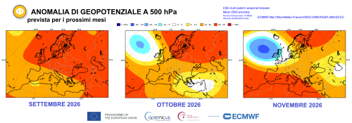 Figura 1 - Mappe di anomalia di geopotenziale medio mensile a 500 hPa, prevista per i prossimi mesi (mappe C3S)