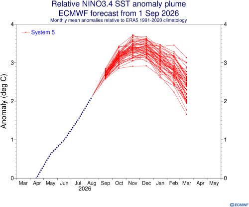 Previsione dell’indice Nino 3.4 elaborata dal Centro Meteorologico Europeo ECMWF (fonte ECMWF)