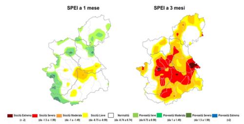 Indice SPEI (anomalia di pioggia ed evapotraspirazione standardizzata) a 1 mese e 3 mesi