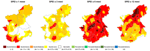 Indice di anomalia delle precipitazioni SPI a 1 mese, 3, 6 e 12 mesi sulla regione Piemonte