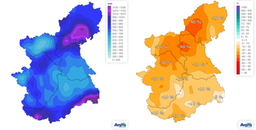 . A sinistra precipitazione cumulata durante l’anno idrologico 2026 e a destra la corrispondente anomalia di precipitazione rispetto al periodo di riferimento 1991-2020