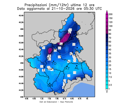 Precipitazioni ultime 12 ore alle ore7.30  del 21 ottobre 2026