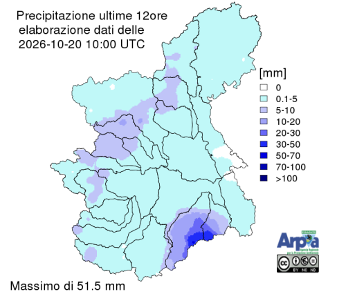 Precipitazioni delle ultime 12 ore registrate dalla rete di monitoraggio regionale di Arpa Piemonte  il 20 ottobre 2026 alle ore 12