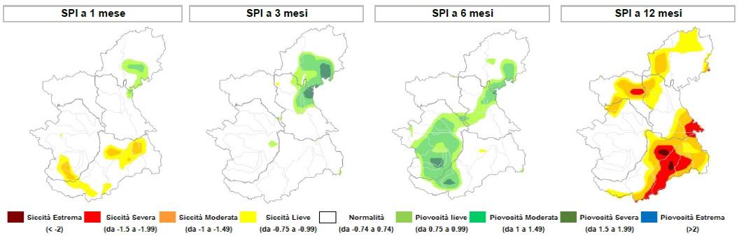 Indice anomalia delle precipitazioni a 1 mese, 3, 6 e 12 mesi
