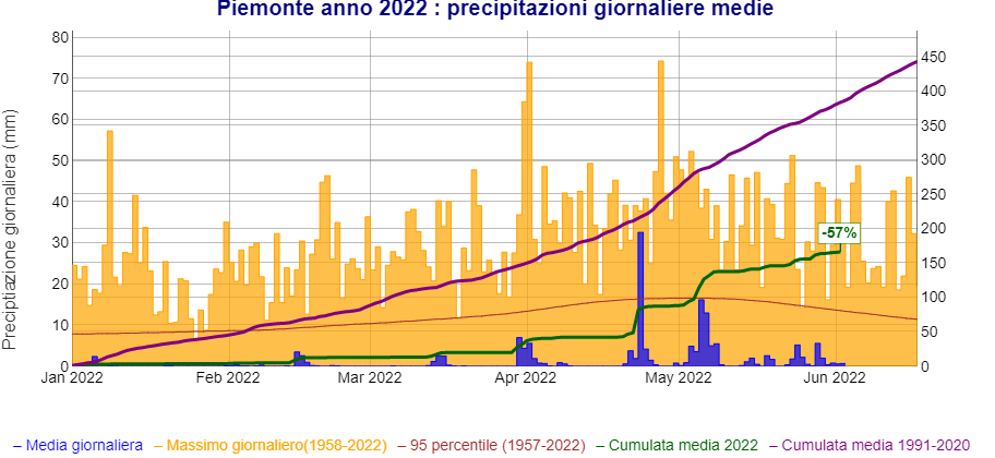 Precipitazioni giornaliere in Piemonte da inizio anno 2022
