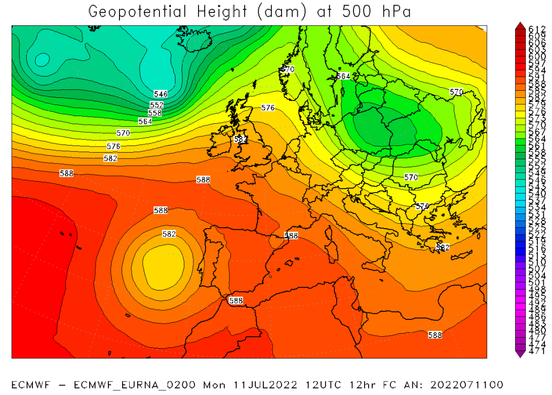 Mappa della pressione in quota di lunedì 11 luglio