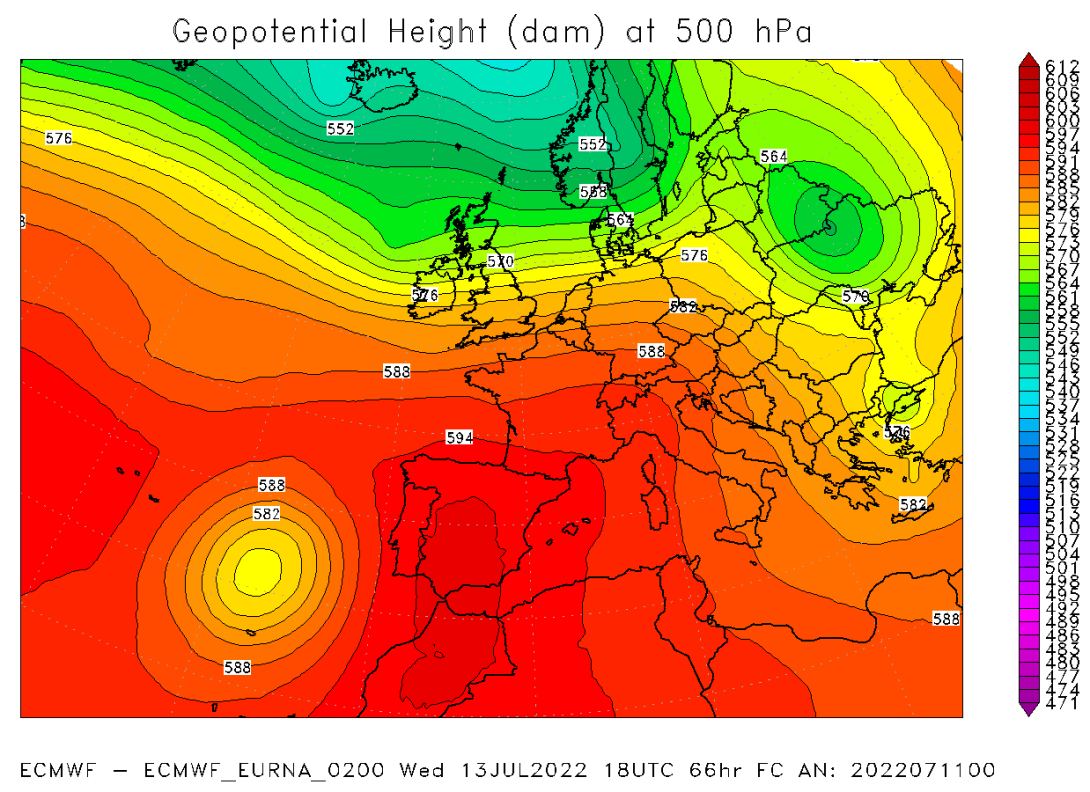 Mappa della pressione in quota di mercoledì 13 luglio 