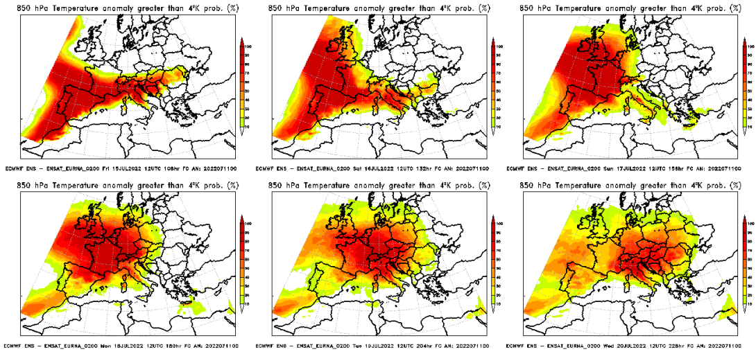 Probabilità di anomalia di temperatura di 4°C oltre la norma, prevista da venerdì 15 a mercoledì 20 luglio