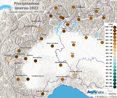 Anomalia delle precipitazioni dell’inverno 2021/22. Fonte: ARPA Lombardia, ARPA Piemonte, MeteoSvizzera