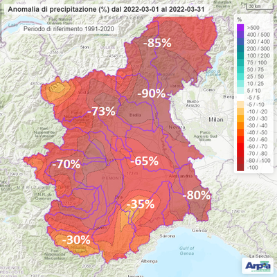 Anomalia percentuale di precipitazione cumulata il mese di marzo 2022 rispetto alla norma del medesimo periodo calcolata nel trentennio 1991-2020