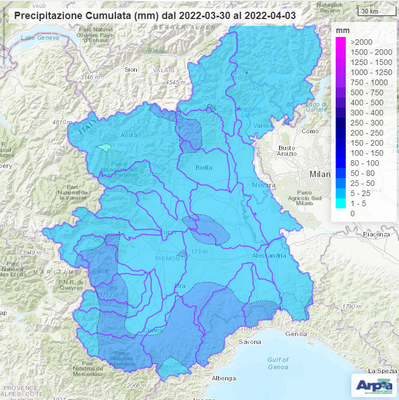 Precipitazione cumulata tra il 30 marzo 2022 e il 3 aprile 2022 sul bacino del Po chiuso alla confluenza col Ticino
