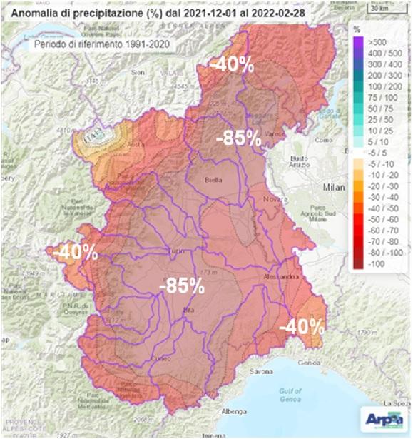Anomalia percentuale di precipitazione cumulata durante l’inverno2021-22 rispetto alla norma del medesimo periodo nel trentennio 1991-2020