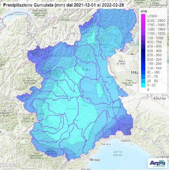 Precipitazione registrata nell’inverno2021-2022 sul bacino del Po chiuso alla confluenza col Ticino