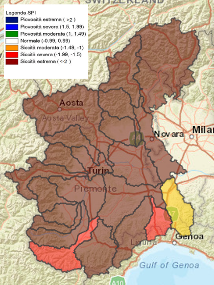 Indice di anomalia delle precipitazioni SPI a 3 mesi sui bacini piemontesi atteso per fine marzo 2022