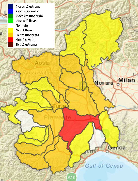 Indice di anomalia delle precipitazioni SPI a 6 mesi sui bacini piemontesi atteso per fine marzo 2022