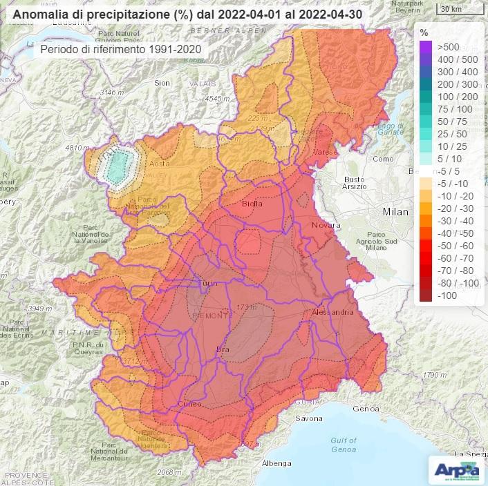 Anomalia di precipitazione cumulata tra nel mese di aprile rispetto alla norma del medesimo periodo nel trentennio 1991-2020