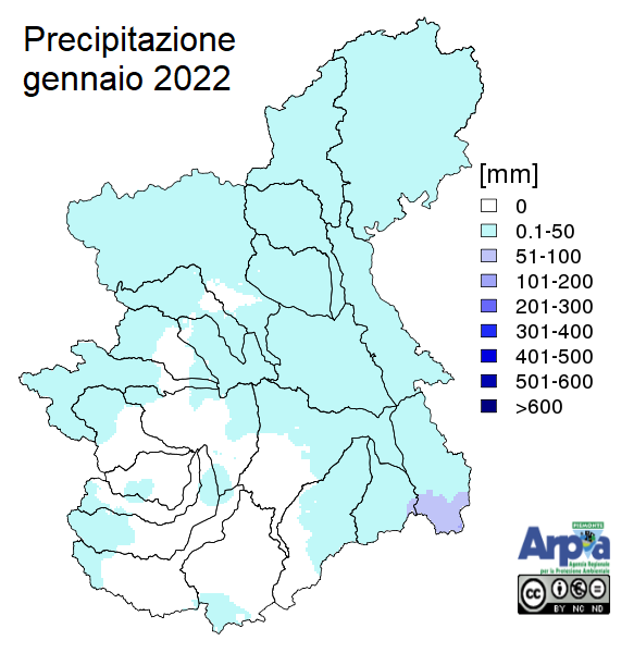 Precipitazione registrata nel mese di gennaio 2022 sul bacino del Po chiuso alla confluenza col Ticino