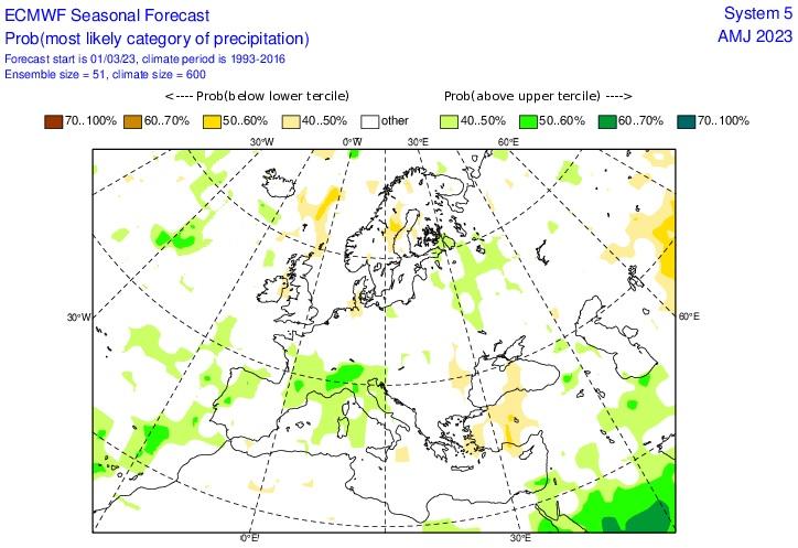 Previsioni mensili di anomalia di precipitazione emesse da ECMWF per aprile-giugno 2023
