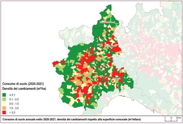 Densità dei cambiamenti a livello comunale per il periodo 2020-2021 (Fonte ISPRA/SNPA)