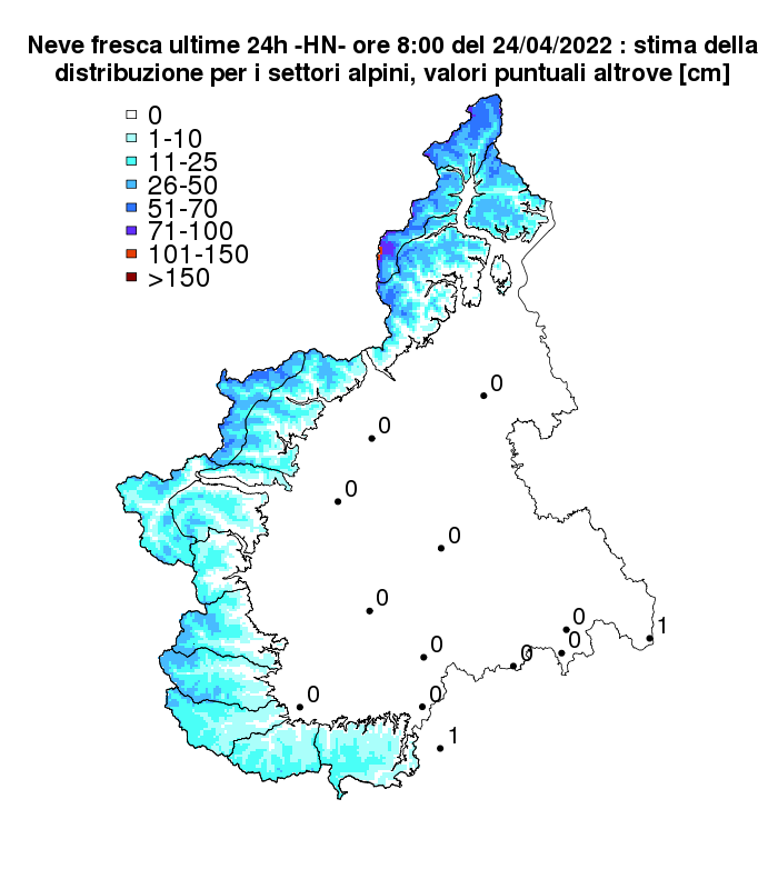Neve fresca registrata la mattina del 24 aprile stimata a partire dai dati validati di stazioni automatiche e manuali di Arpa Piemonte