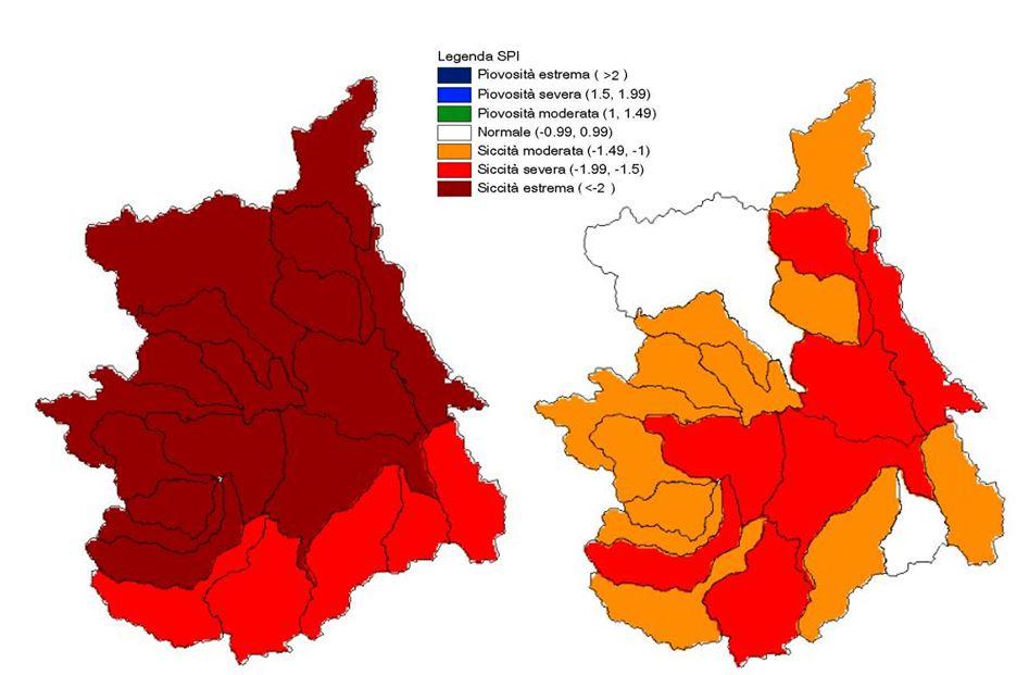 Indice di anomalia delle precipitazioni SPI a 3 mesi (a sinistra) e a 12 mesi (a destra) sui bacini piemontesi