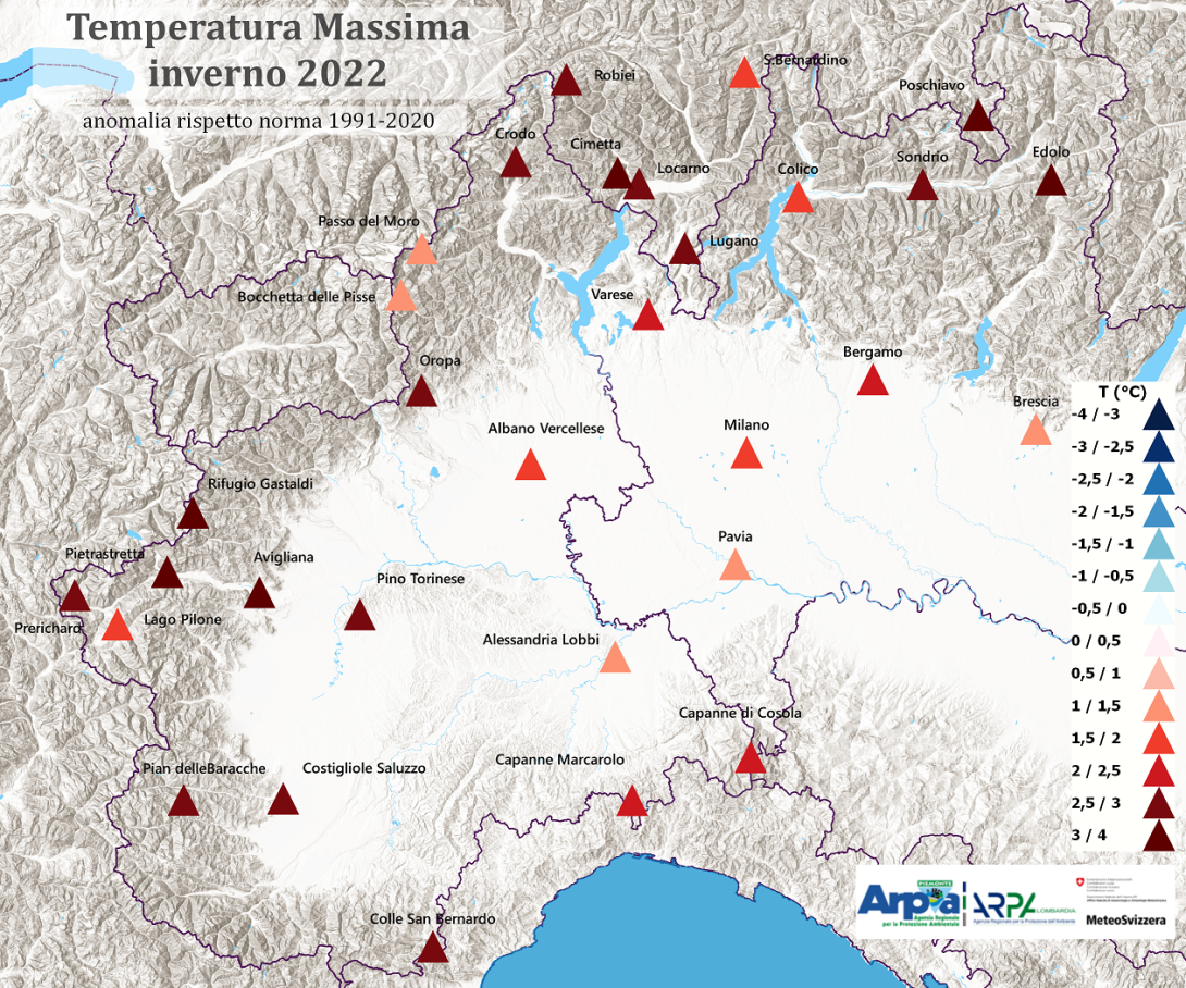 Anomalie di temperatura massima (sinistra)  per l’inverno 2021/22calcolata su 31 stazioni delle reti di monitoraggio di Arpa Piemonte, Arpa Lombardia e MeteoSvizzera
