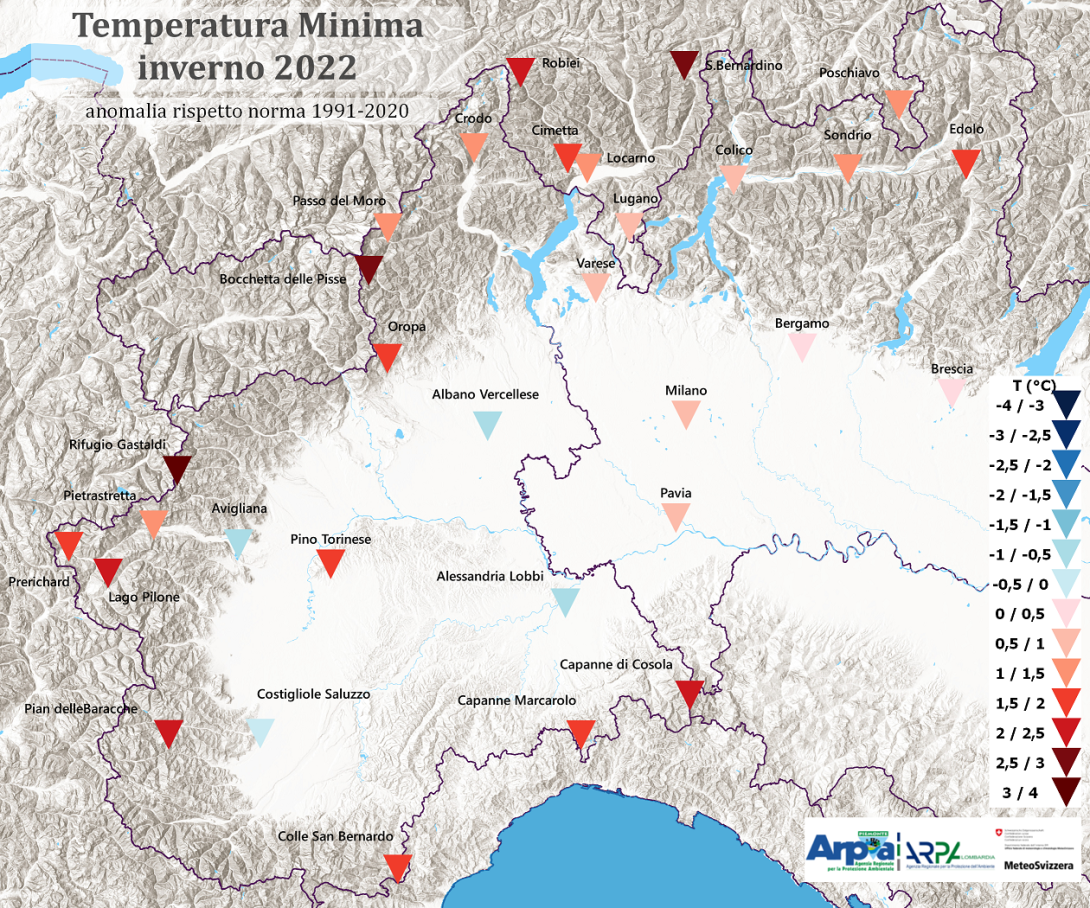 Anomalie di temperatura massima (sinistra) e minima (destra) per l’inverno 2021/22calcolata su 31 stazioni delle reti di monitoraggio di Arpa Piemonte, Arpa Lombardia e MeteoSvizzera