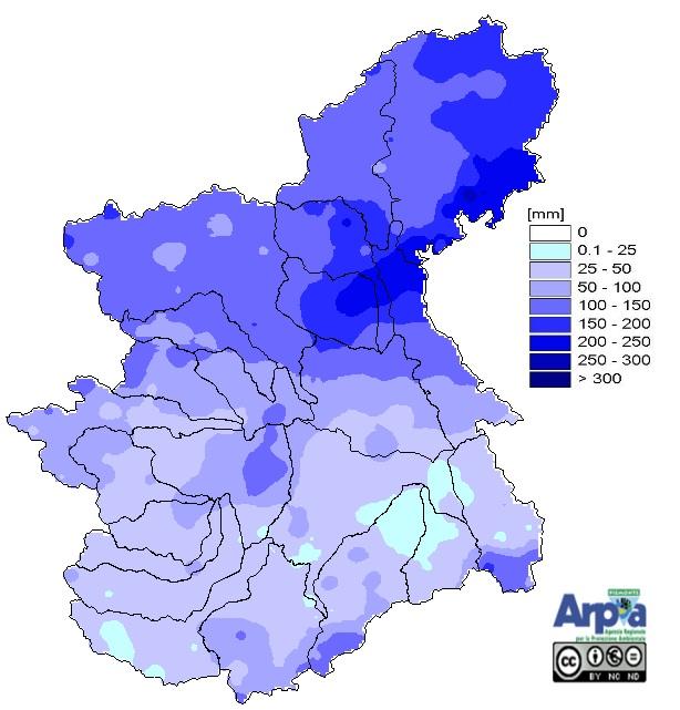 Precipitazione registrata nel mese di luglio 2023 sul bacino del Po chiuso alla confluenza col Ticino