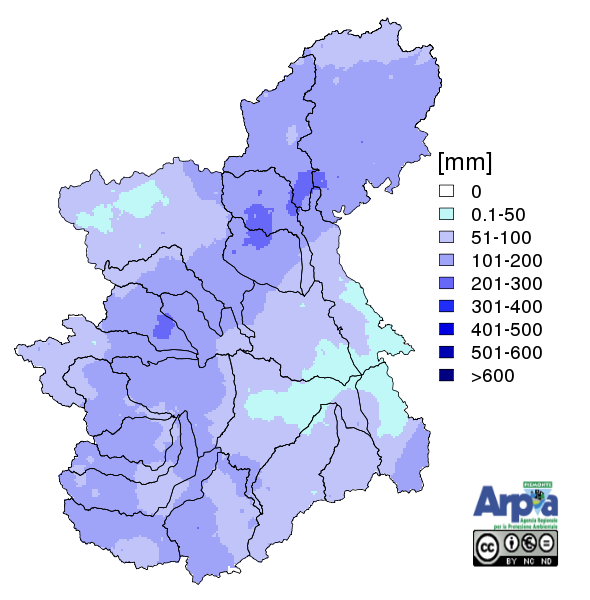 Precipitazione registrata nel mese di giugno 2023 sul bacino del Po chiuso alla confluenza col Ticino