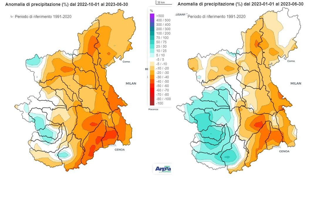 Anomalia percentuale di precipitazione cumulata dall’inizio dell’anno idrologico (sinistra) e dall’inizio dell’anno solare (destra) rispetto alla norma del medesimo periodo nel trentennio 1991-2020