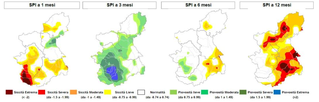 Indice di anomalia delle precipitazioni SPI a 1 mese, 3, 6 e 12 mesi sulla regione Piemonte